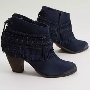 New Naughty Monkey In Lyne Boho Fringe Suede Indigo Blue Ankle Boot Booties